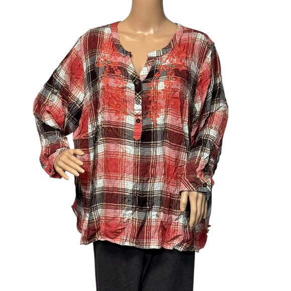 Catherines Pink Plaid Embroidered Henley Blouse 3XWP Petite Gold Metallic Thread - Picture 1 of 6
